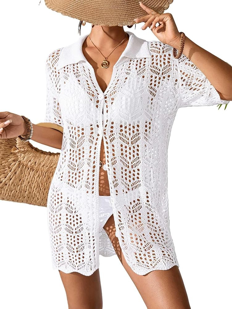 Womens Crochet Knit Polo Collar Swimsuit Coverup Cardigan Summer 2025 Beach Bathing Suit Cover Up... | Amazon (US)