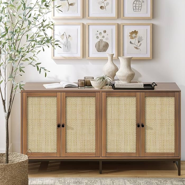 Rattan Sideboard Buffet Cabinet, Walnut Storage Credenza Accent Cabinet with 4 Doors, 59" Large M... | Amazon (US)