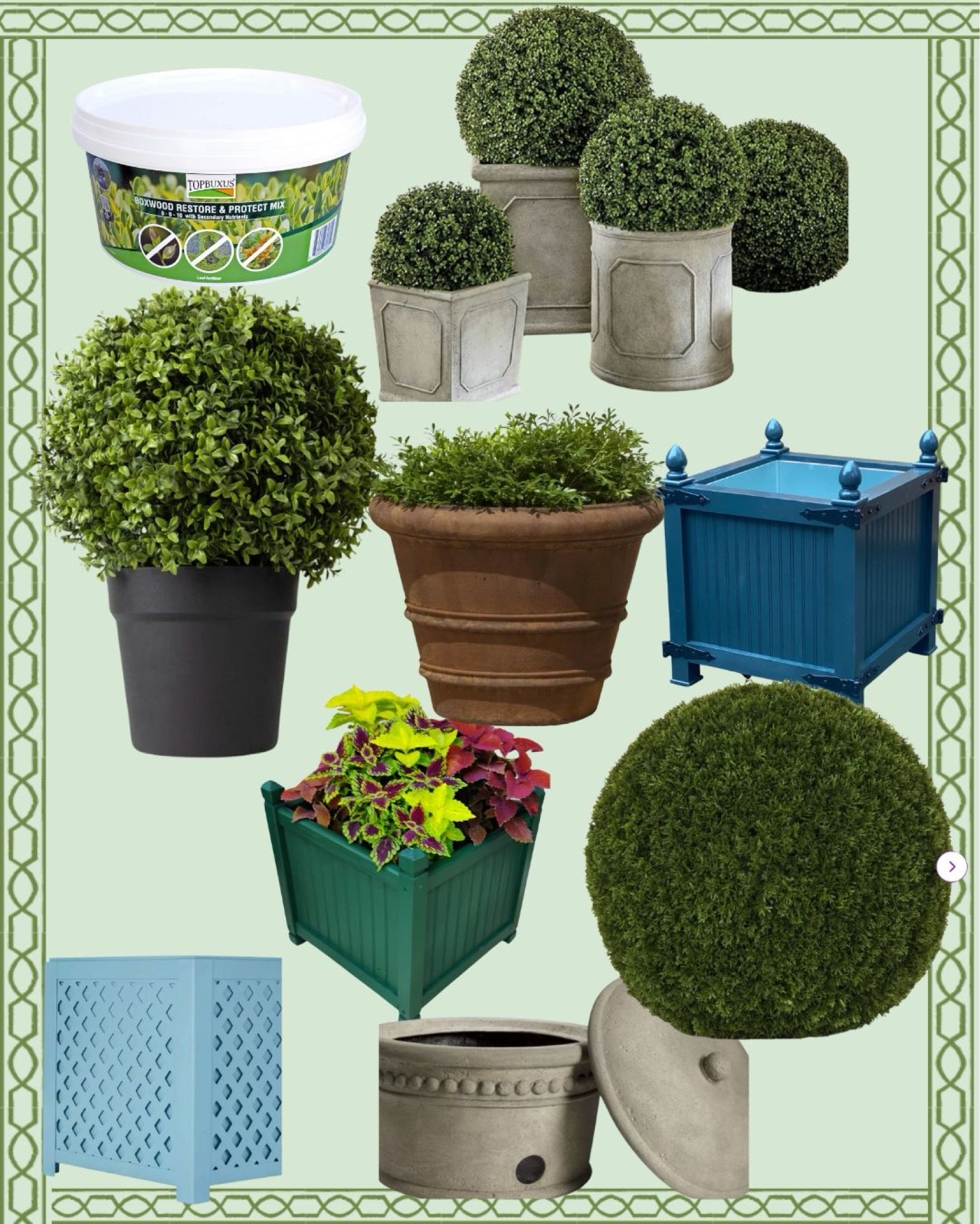 boxwood, planters, and boxwood fertilizer for outdoors! 
#boxwood 
#pottedboxwood 
#fauxboxwood
#planters 
#fertilizer 


#LTKSeasonal #LTKHome