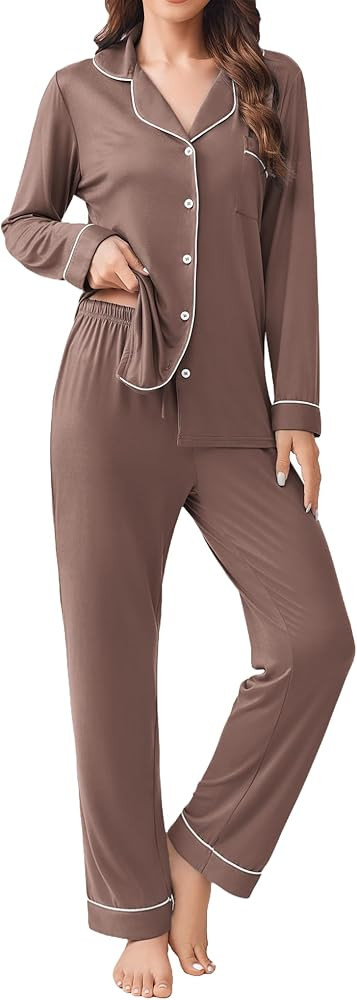 Ekouaer Womens Pajamas Set 2 Piece Button Down Pjs Soft Long Sleeve Top and Pants Sleepwear Set L... | Amazon (US)
