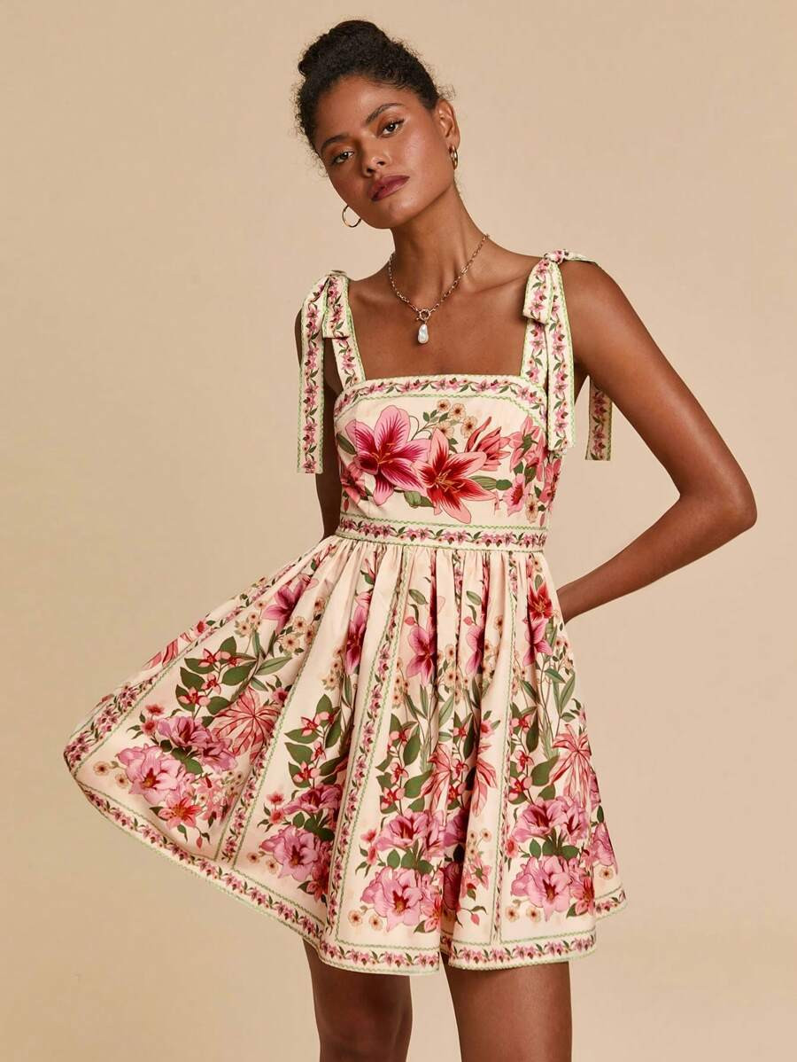 Travachic Women Floral Print Square Neck Sleeveless Waisted Tie Front Summer Dress, Vacation Outf... | SHEIN