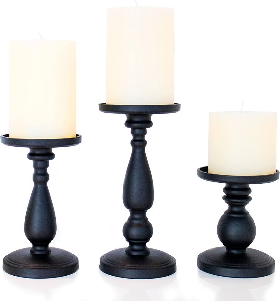 Set of 3 Matte Black, Pillar , Decorative candle holdersSet for Wedding Decor, Dining Table Cente... | Amazon (US)