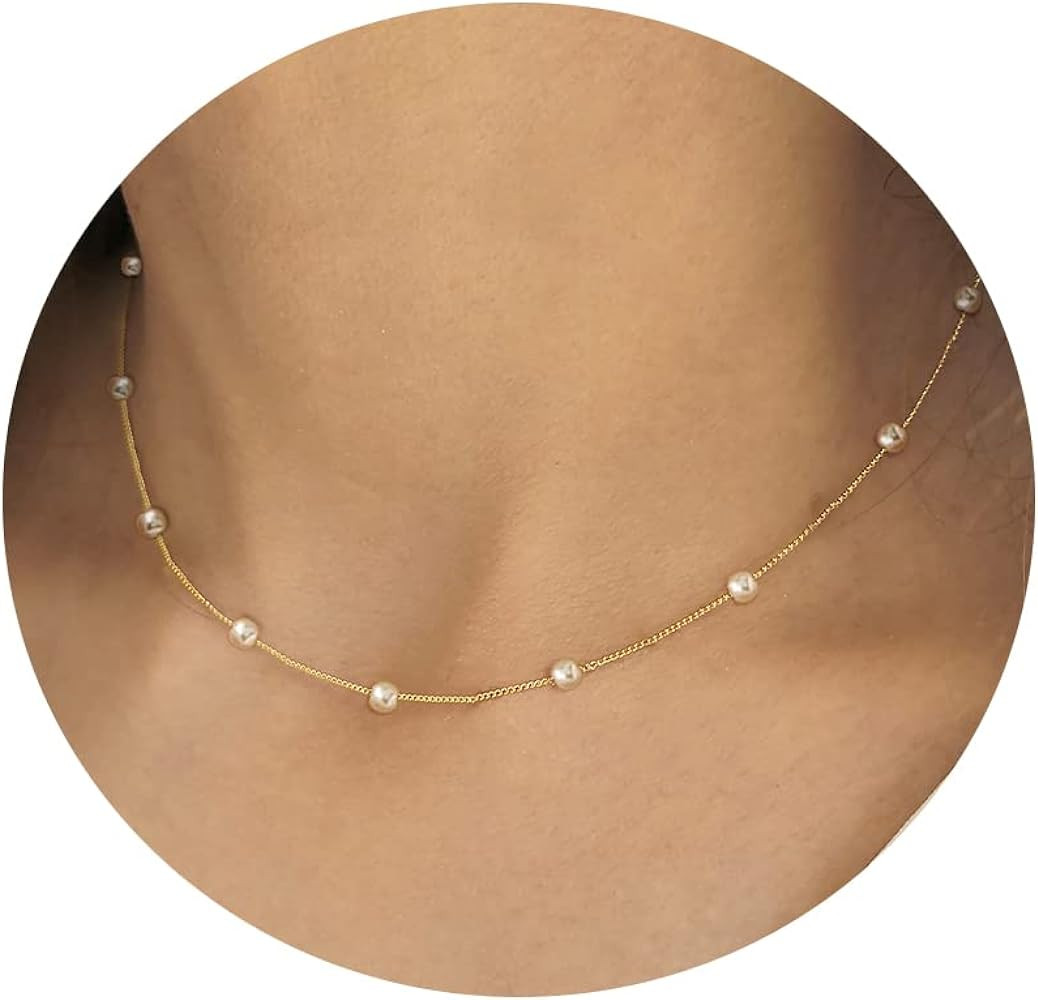 Gold Pearl Necklace for Women, 14K Gold Plated Layered Freshwater Pearl Necklaces for Women Trend... | Amazon (US)