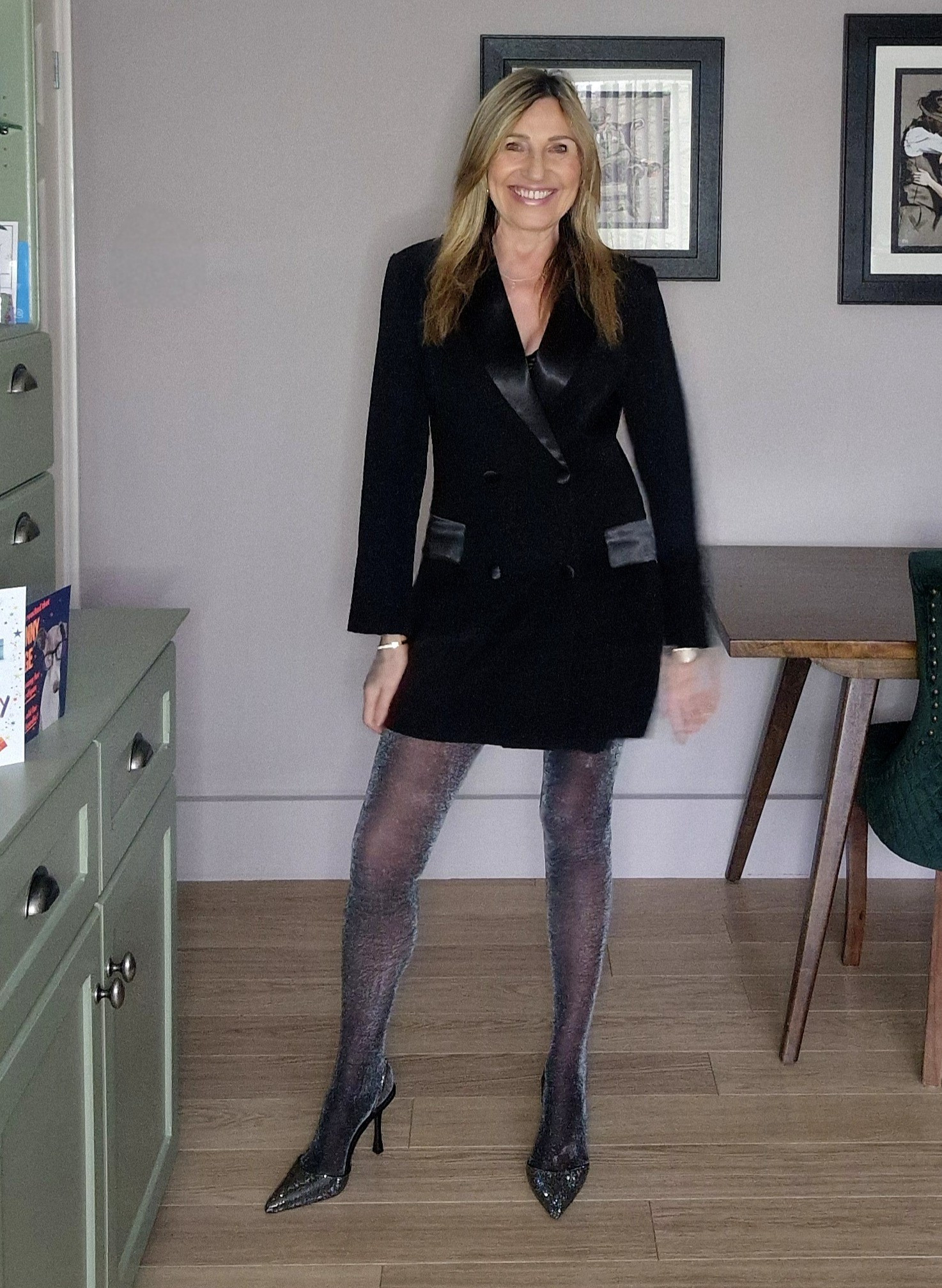 Bringing the sparkle in this fab blazer dress with satin lapels

