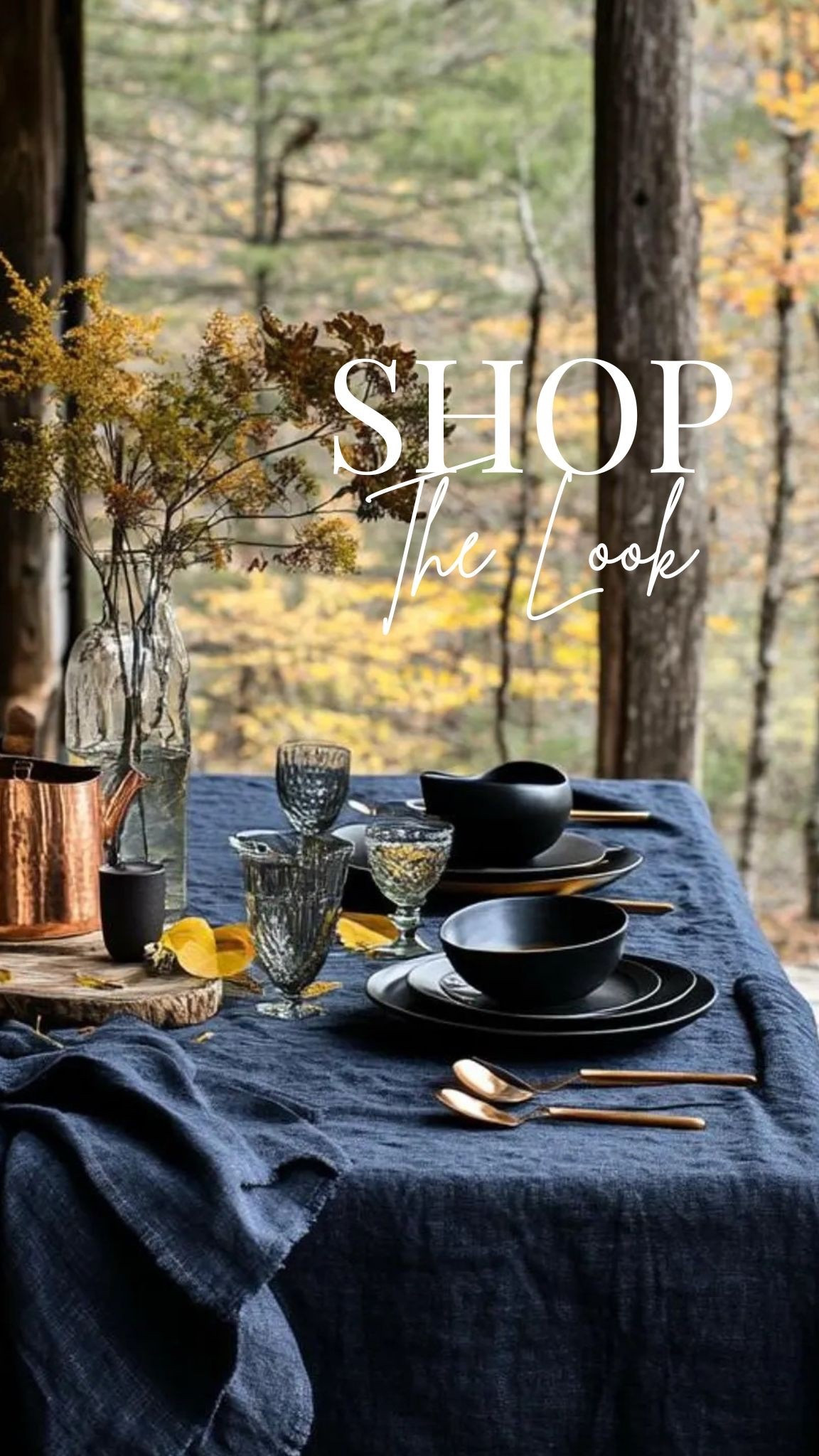I love the look of this fall tablescape and the dark navy blue linen tablecloth against the yellow leaves! 😍

#fall #decor #Thanksgiving #tabledecor #tablescspe 

#LTKHoliday #LTKHome #LTKParties