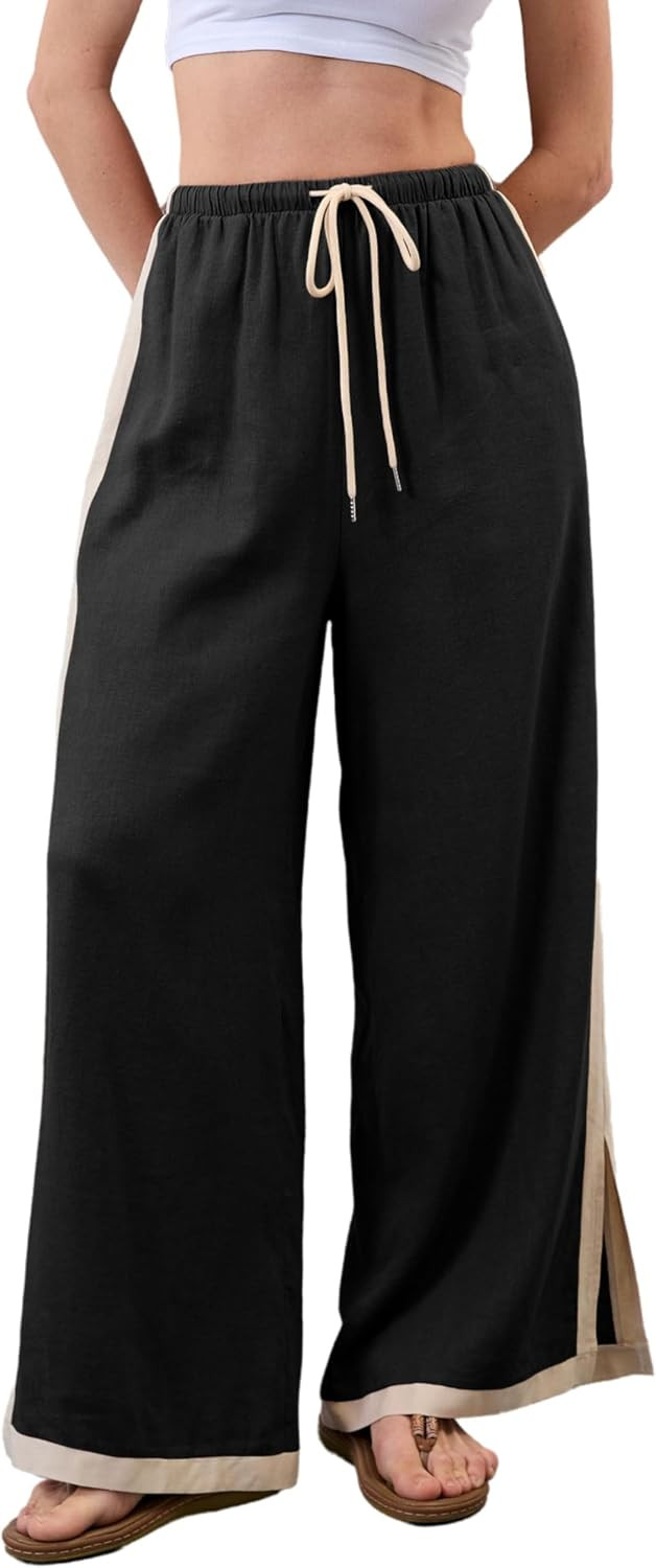 Xiaoxuemeng Linen Pnats for Women Side Striped Drawstring Wide Leg Trousers | Amazon (US)