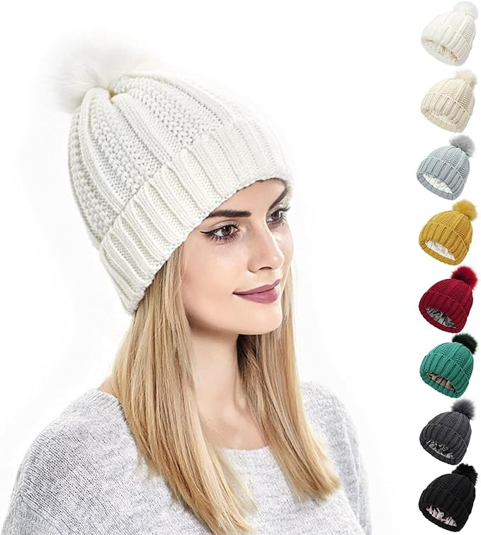 Kunyeah Women Winter Beanie Hat Knitted Cap with Pompom Satin Silk Lined Hat Warm Solid Color Hat... | Amazon (US)