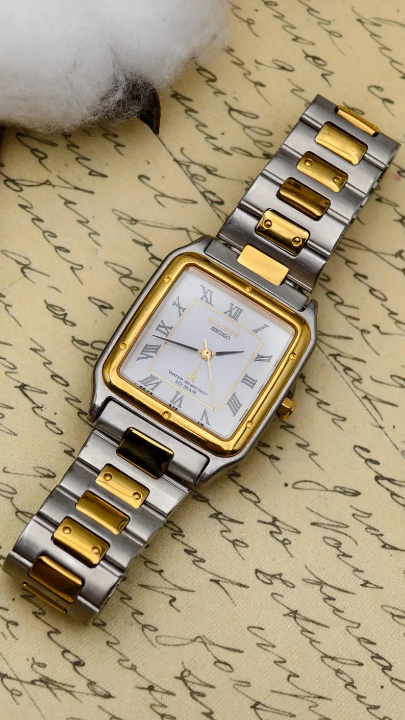 Vintage Seiko Cadet Unisex Two Tone Quartz Watch Square Case Roman Numeral Bracelet Watch | Etsy (Global)
