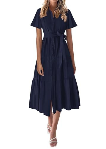 KIRUNDO Summer Button Down Wedding Guest Shirt Dresses for Women Maxi Flutter Short Sleeve Flowy ... | Amazon (US)