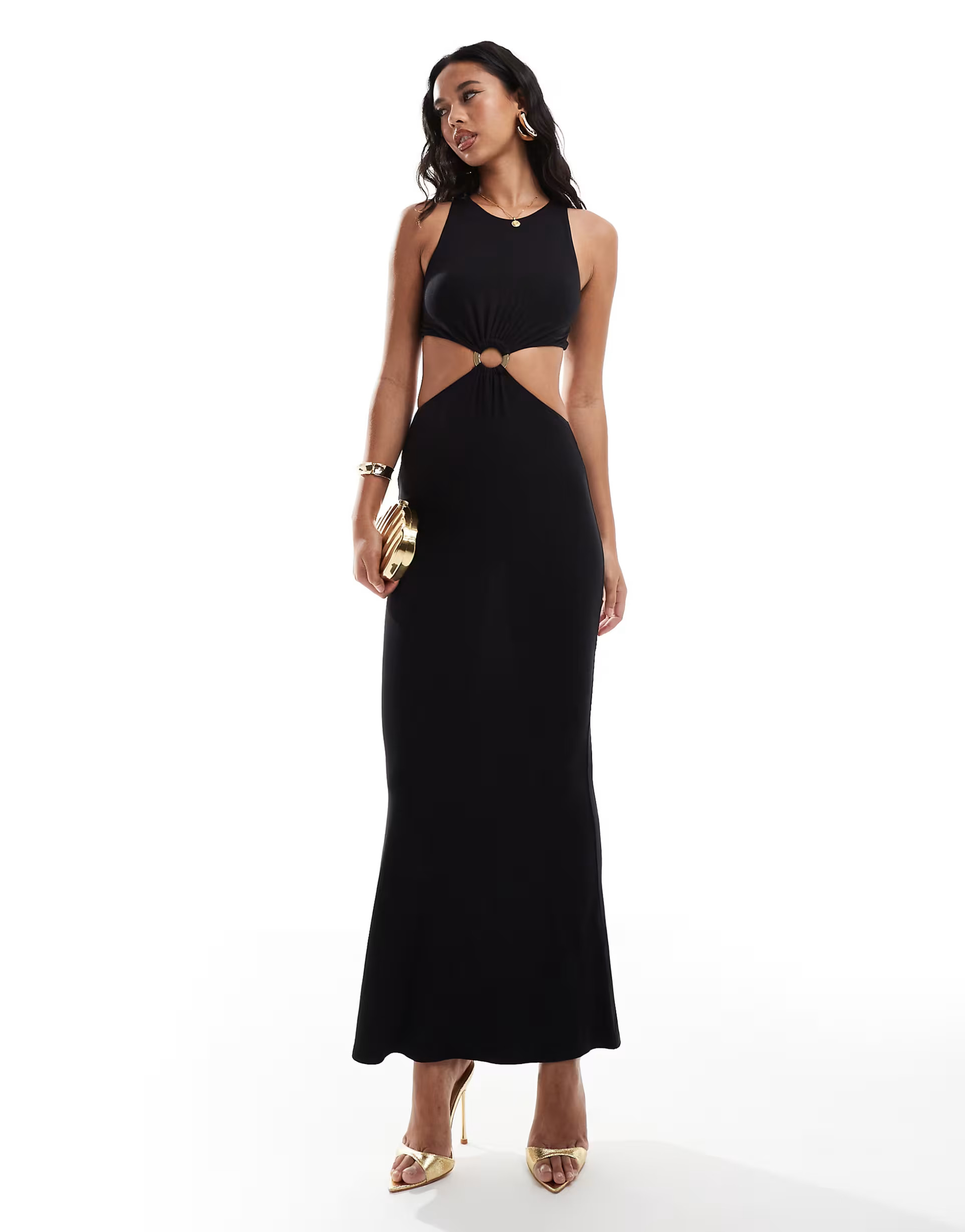 ASOS DESIGN gold trim maxi dress with open back detail in black | ASOS (Global)
