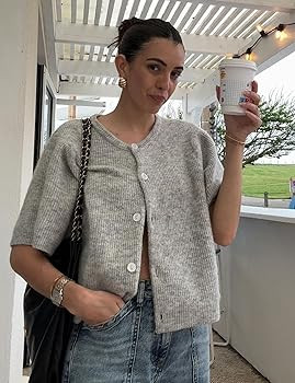 Arssm Women's Knitted Crop Cardigan Y2k Short Sleeve Button Down Cardigan Shirt Ribbed Knit Solid... | Amazon (US)