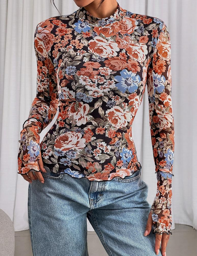 PRETTYGARDEN Womens 2025 Fall Mesh Floral Blouses Long Sleeve Going Out Tops Slim Fitted Shirts D... | Amazon (US)