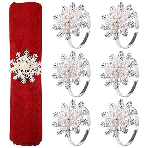 Christmas Napkin Rings- Set of 6 Snowflake with Pearl Napkin Holder Rings Silver Xmas Napkin Buckle for Christmas Holiday Party Dinner Wedding Banquet Dinning Table Settings Decoration | Amazon (US)
