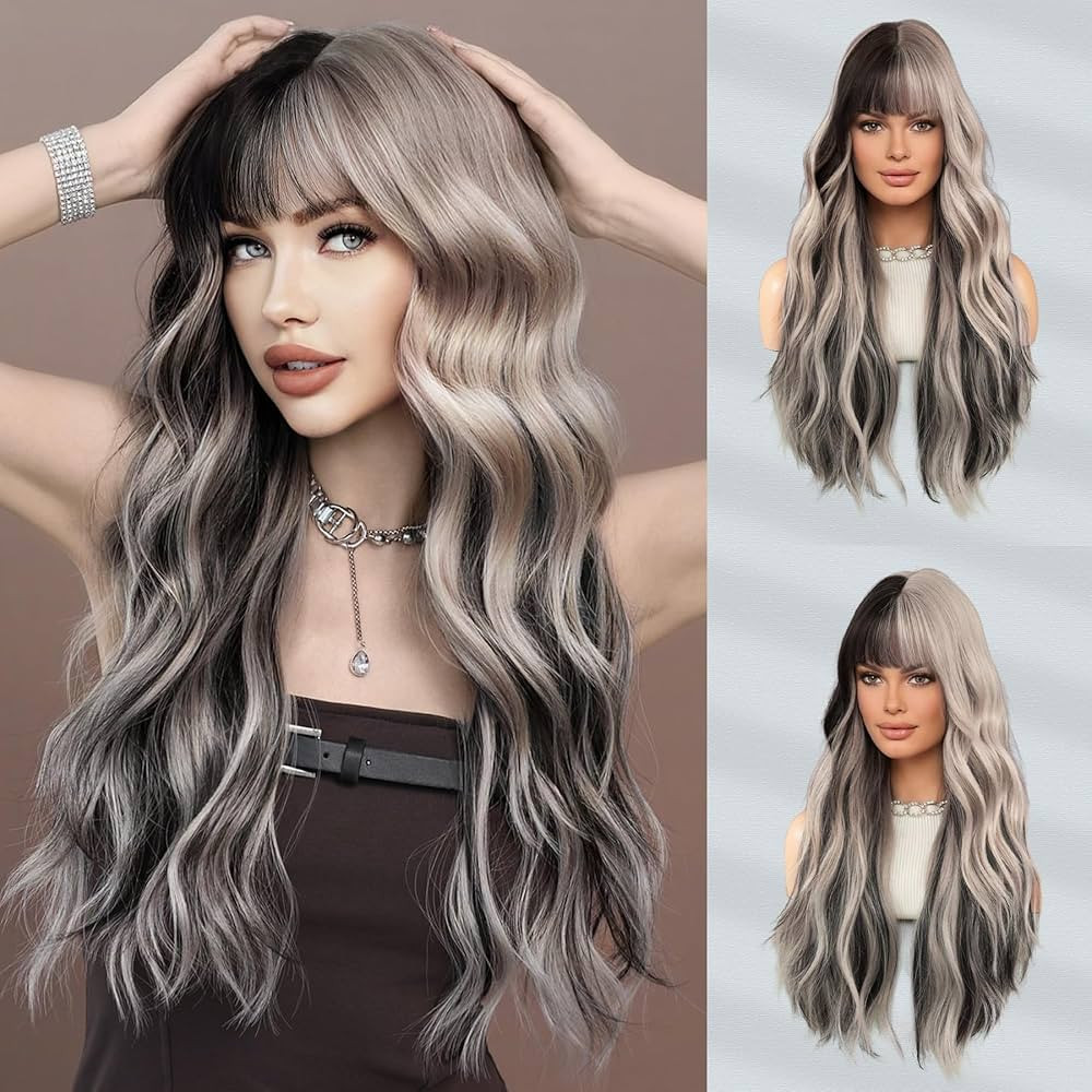 7JHH WIGS Long Wavy Silver Grey Black Highlight Wig 27in Natural Heat Resistant Fiber Synthetic C... | Amazon (US)