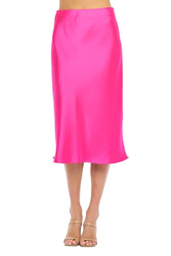 Women Solid High Waist Silky Casual Elastic Satin Midi Skirt(Large,Hotpink) | Amazon (US)