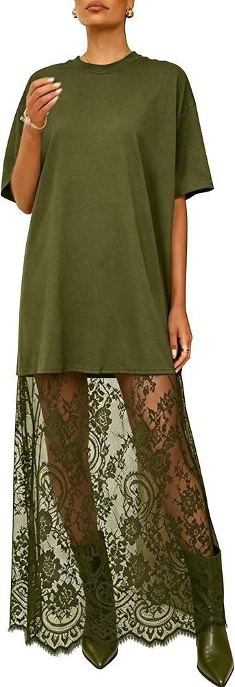 miduo Womens Summer Short Sleeve Crewneck Lace Patchwork Maxi Dress Casual Long Dresses | Amazon (US)
