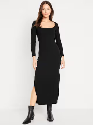 Fitted Rib-Knit Square-Neck Midi Dress for Women | Old Navy (US)