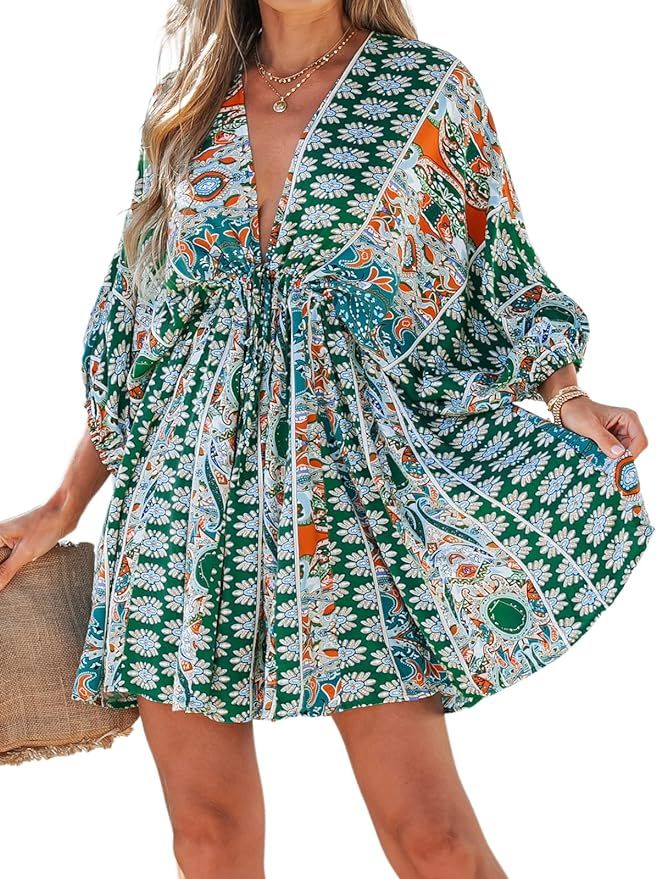 CUPSHE Women Floral Ornate Print Tie Front Dress 3/4 Balloon Sleeves Paisley Beach Dresses | Amazon (US)