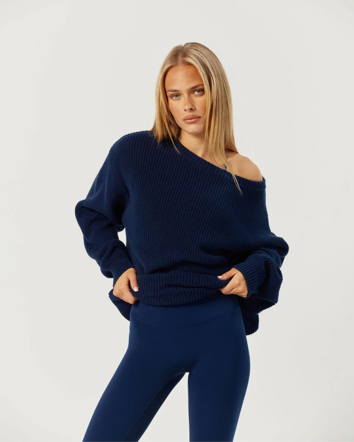 Off Shoulder Knit Sweater | Navy | Crop Shop Boutique US