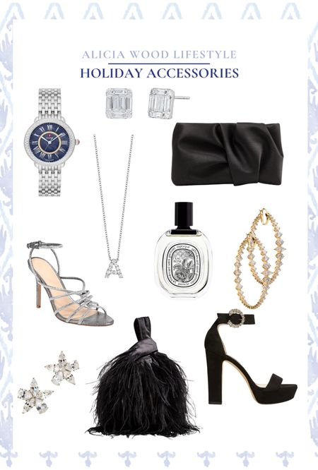 Holiday accessories: Michele watch, diamond earrings, black clutch, gold hoops, silver heels, black feather clutch, black platform heels, dyptique perfume, initial necklace.

#LTKitbag #LTKstyletip #LTKHoliday