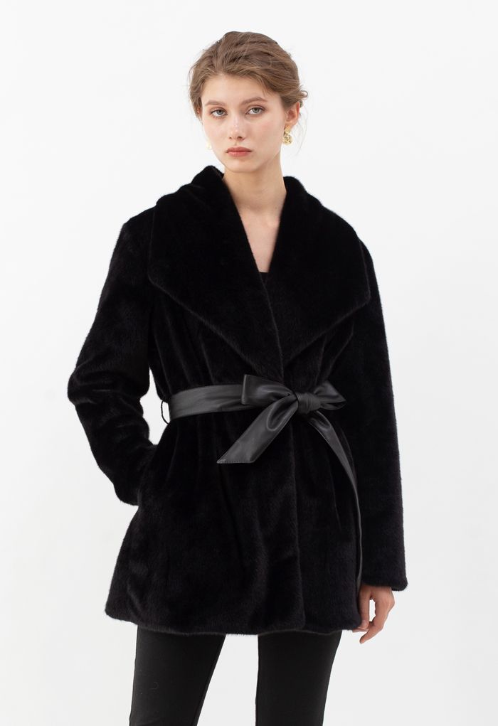 Faux Fur PU Leather Belted Coat in Black | Chicwish