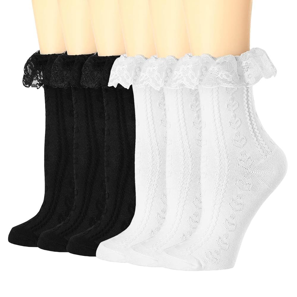 BIVOLU Womens Crew Socks Lace Ruffle Frilly Cotton Cute Princess Ankle Dress Socks for Girl 6 Pac... | Amazon (US)