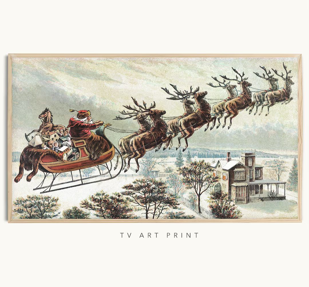 Samsung Frame TV Art Vintage Santa & Reindeer Rustic Mcgee - Etsy | Etsy (US)