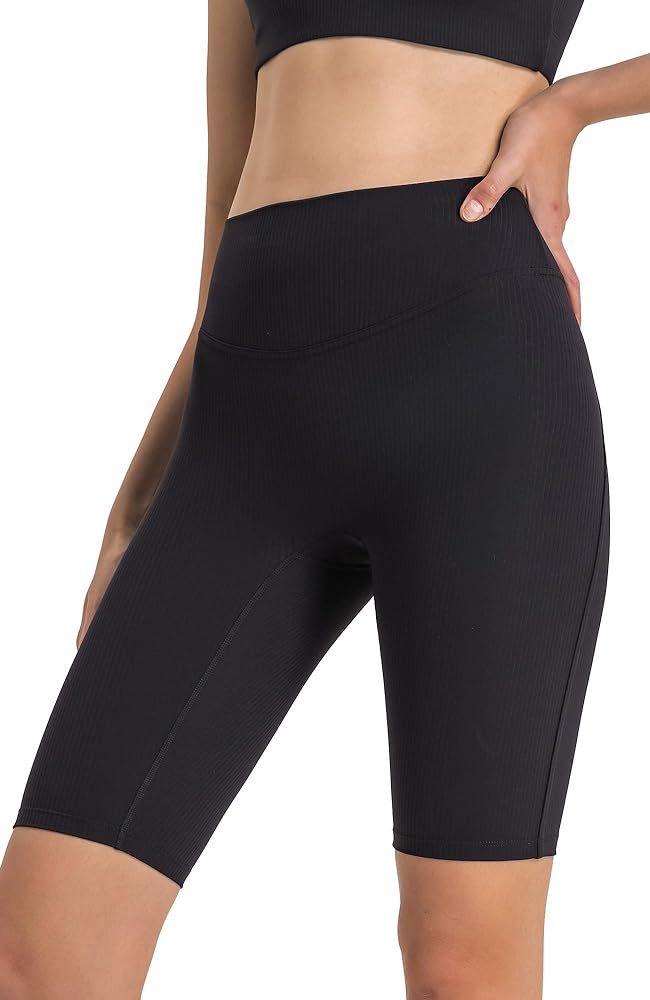 icyzone Women's Ribbed Biker Shorts, High Waisted Workout Gym Yoga Shorts 10" | Amazon (US)