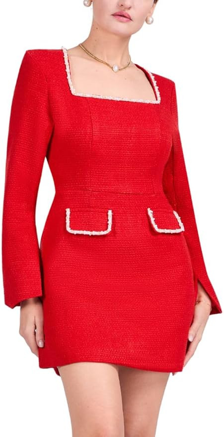 Women's Tweed Mini Dress Elegant Square Neck Long Sleeve High Waist A-Line Party Club Bodycon Sli... | Amazon (US)