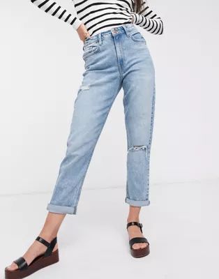 New Look mom jeans with rips in light blue | ASOS (Global)