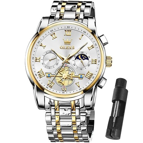 OLEVS Watch Men Original Luxury Waterproof Analog Dress Business Fashion Casual Gold and Silver Stainless Steel Bracelet Men Watches Metal Adjustable Watch With Large Faces Analog Quartz Chronograph Watches Relojes para hombres | Amazon (US)