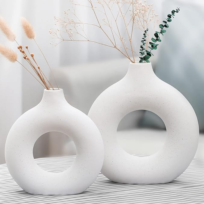 Leicofay Ceramic Hollow Donut Vase Set of 2, Off White Vases for Decor Nordic Minimalism Style De... | Amazon (US)