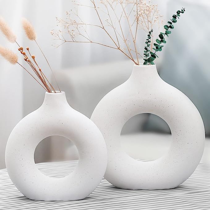 Leicofay Ceramic Hollow Donut Vase Set of 2, Off White Vases for Decor Nordic Minimalism Style De... | Amazon (US)