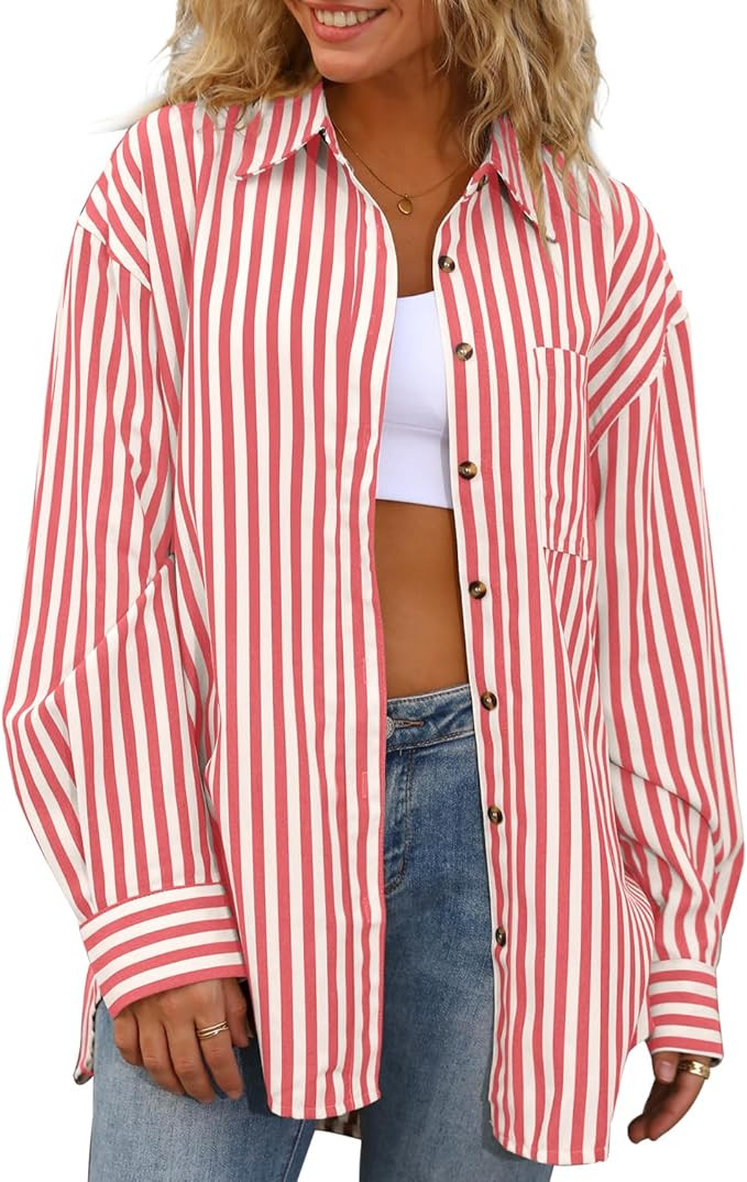 CHYRII Womens Striped Button Down Shirt Casual Long Sleeve Blouse Top | Amazon (US)