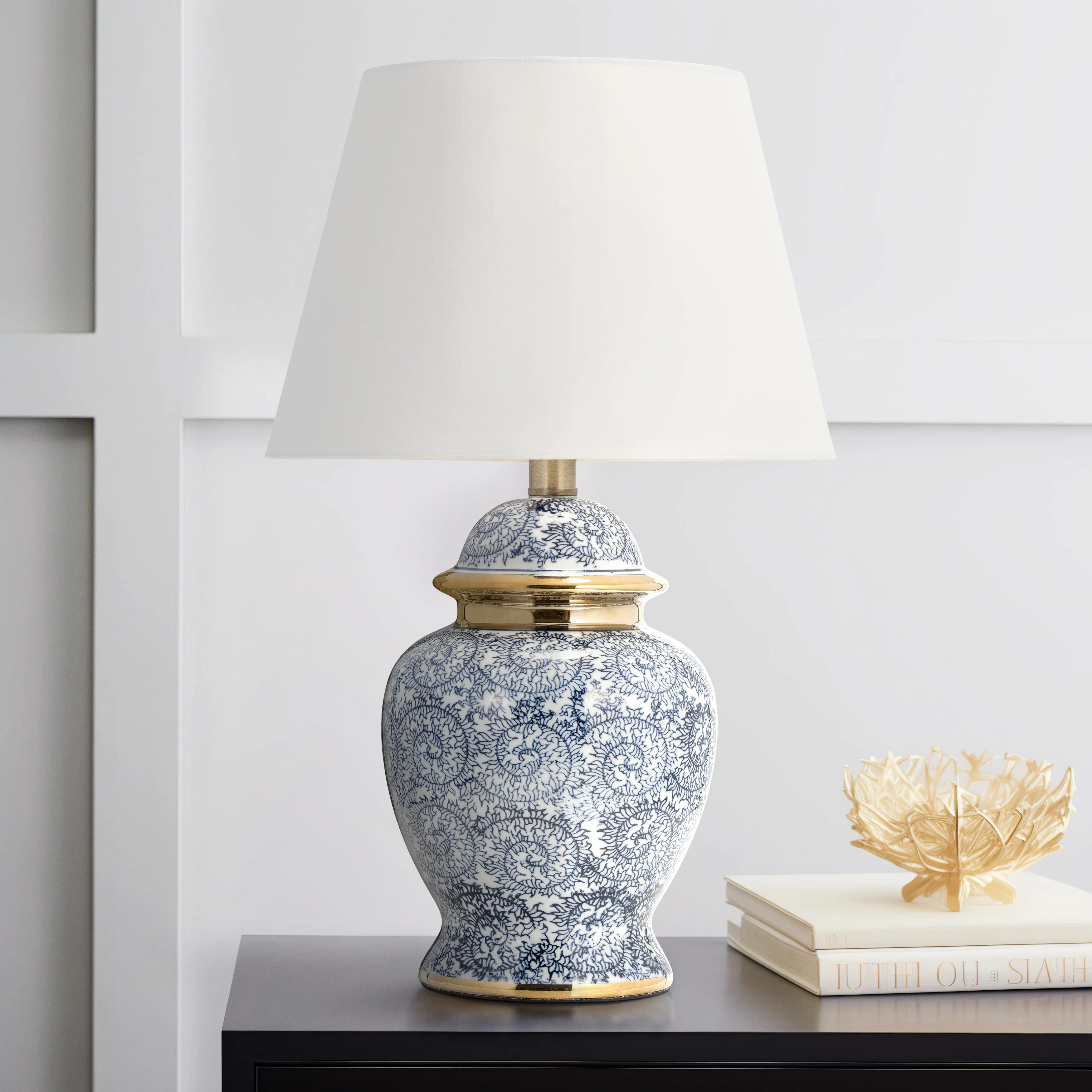 Stoneware Ceramic Table Lamp with Gold Accents and White Linen Shade - 19" Blue Traditional Flora... | Wayfair North America