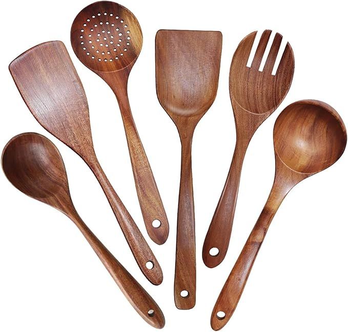 DecoForU Wooden Utensils Set Non-Stick Pan Wooden Cooking Utensils Natural Teak Utensils for Cook... | Amazon (CA)