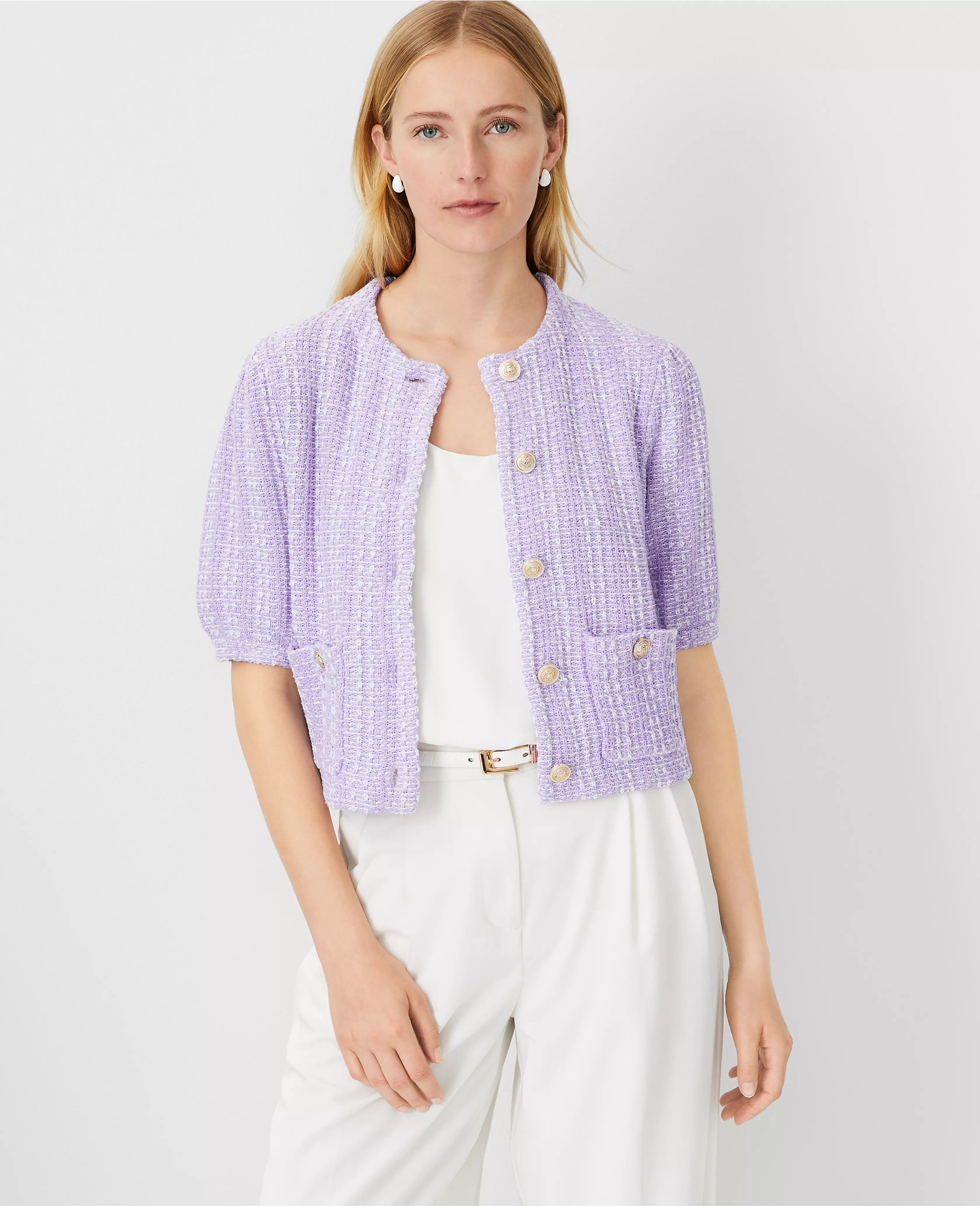 Textured Plaid Stitch Sweater Jacket | Ann Taylor (US)