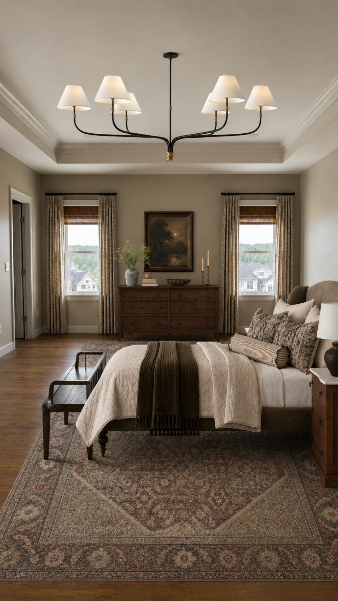 This bedroom was already perfectly nice. It just needed a little more personality to make it feel like a room you’d actually remember.

And I think that’s an important distinction when you’re looking around your own home and feeling like something isn’t quite working. You don’t necessarily need to start over—or start renovating. Sometimes the bones of the room are completely fine and it’s everything layered into it that needs more intention.

I did warm up the room with a slightly deeper and warmer toned paint color and new warm wood floors, but beyond those two updates, the transformation comes almost entirely from lighting, furniture, textiles and decor.

The warmer wood tone furniture immediately gave the room more depth, while the vintage-inspired rug brought in pattern and softened all of that open floor space. I kept the bedding mostly creamy and neutral, then used the patterned pillows, striped bolster and deep brown throw to bring in contrast without making the bed feel busy. The darker wood bench at the foot of the bed adds another old-world element without taking up much visual space.

Then there’s the lighting. Swapping the ceiling fan for a chandelier makes a surprisingly big difference because it changes what you notice the second you walk into the room.

None of these changes are particularly drastic on their own. Together, they take the room from “this is nice” to a bedroom that feels warm, layered and much more special.

I linked the pieces from this design below so you can recreate the look in your own home.

#LTKHome