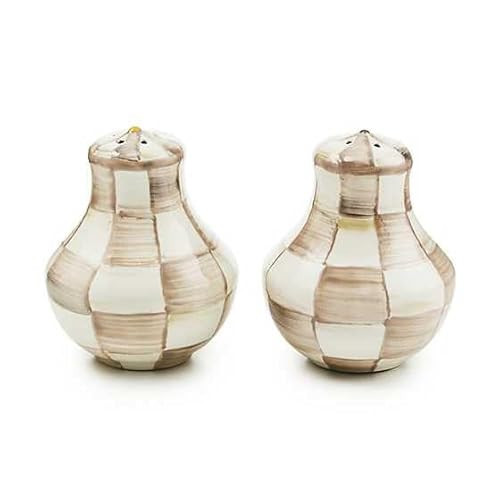 MACKENZIE-CHILDS Enamel Salt and Pepper Shakers, Kitchen Table Spice Shaker Set, Brown-and-White Mocha Check, Small | Amazon (US)