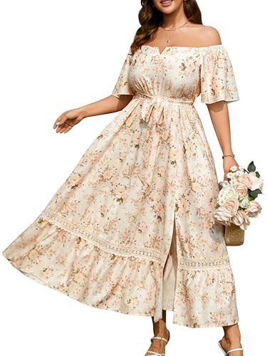 RWJ Women's Plus Size Dress for Cocktail Wedding Guest Formal V Neck Off The Shoulder Maxi Dress with Belt Beige Floral 3XL | Amazon (US)