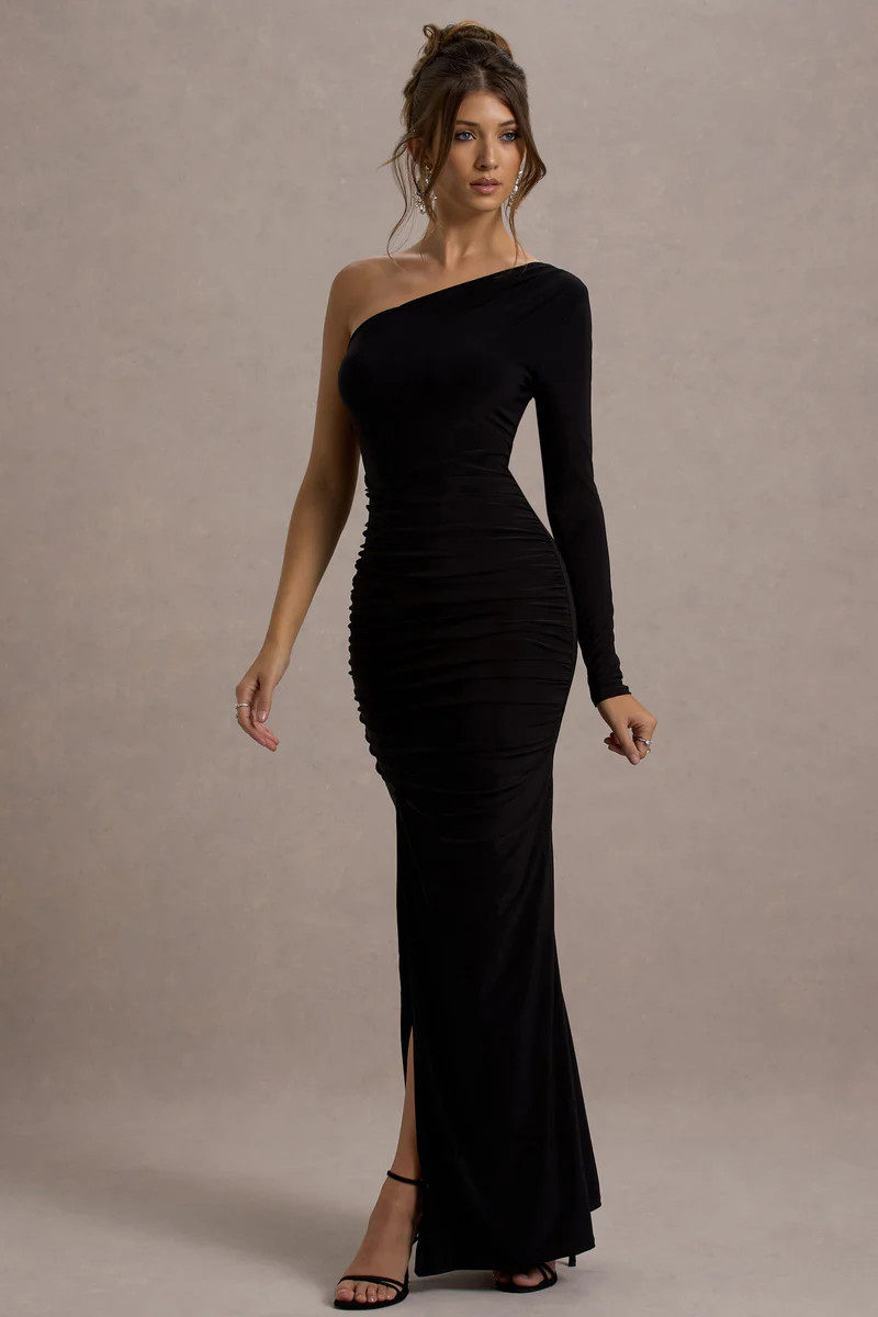 Doll | Black Asymmetric One Sleeve Ruched Maxi Dress | Club L London