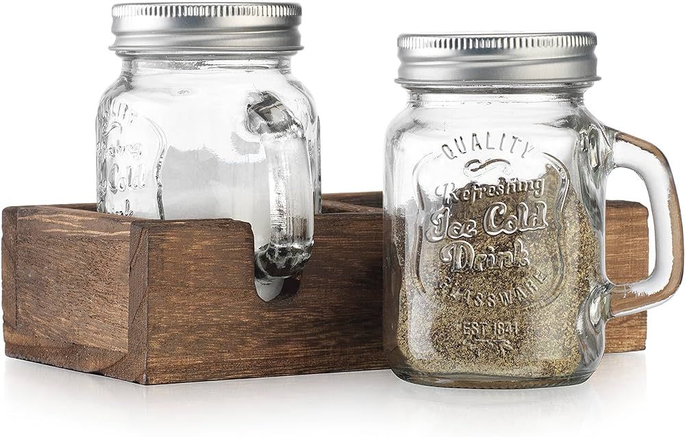 MosJos Mason Jar Salt and Pepper Shaker - Vintage Glass Condiment Dispenser Set with Wooden Holde... | Amazon (US)