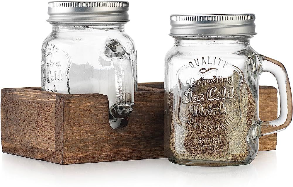 MosJos Mason Jar Salt and Pepper Shaker - Vintage Glass Condiment Dispenser Set with Wooden Holde... | Amazon (US)