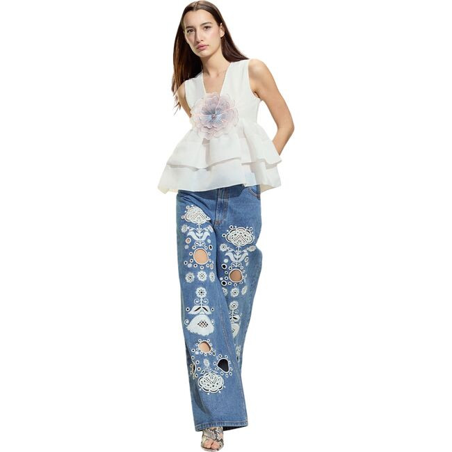 Cynthia Rowley | Embroidered Wide-leg Jean, (Blue White, Size 27) | Maisonette | Maisonette