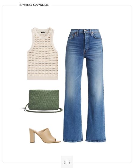 Outfit idea for wide leg full length jeans! Knit sweater tank, crochet top, woven crossbody, heeled mules, Spring style idea - see more Spring capsule outfit ideas on thesarahstories.com ✨

#LTKFind #LTKstyletip