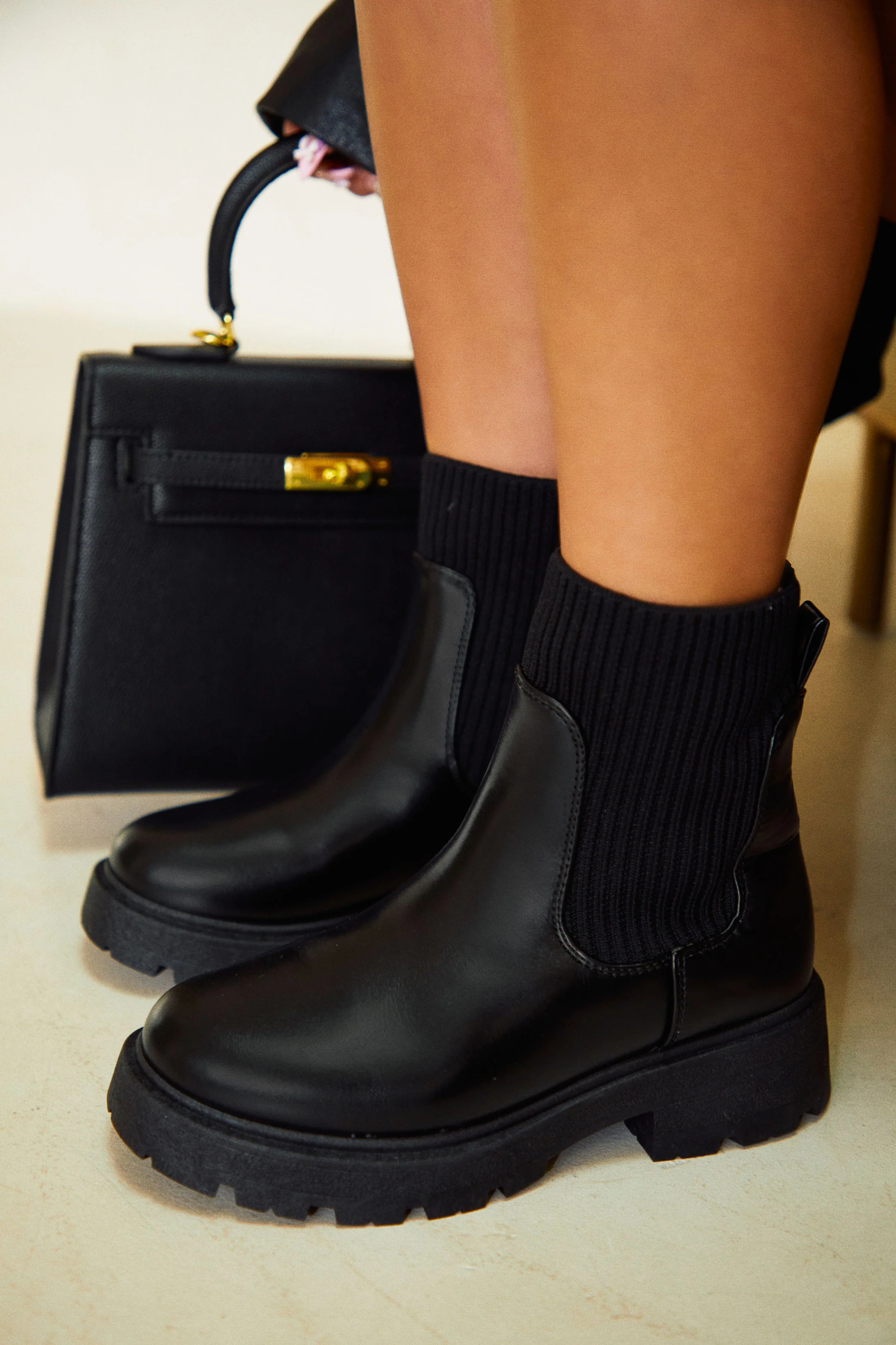 Miss Lola | Charley Black Rib Knit Ankle Boots | MISS LOLA