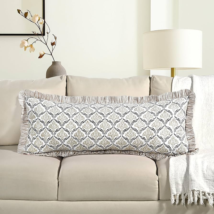 CPC Hand Block Print Sandstone Regal Ruffle Sham Pillow Cover 36" x 14" inch Hidden Zipper Decora... | Amazon (US)