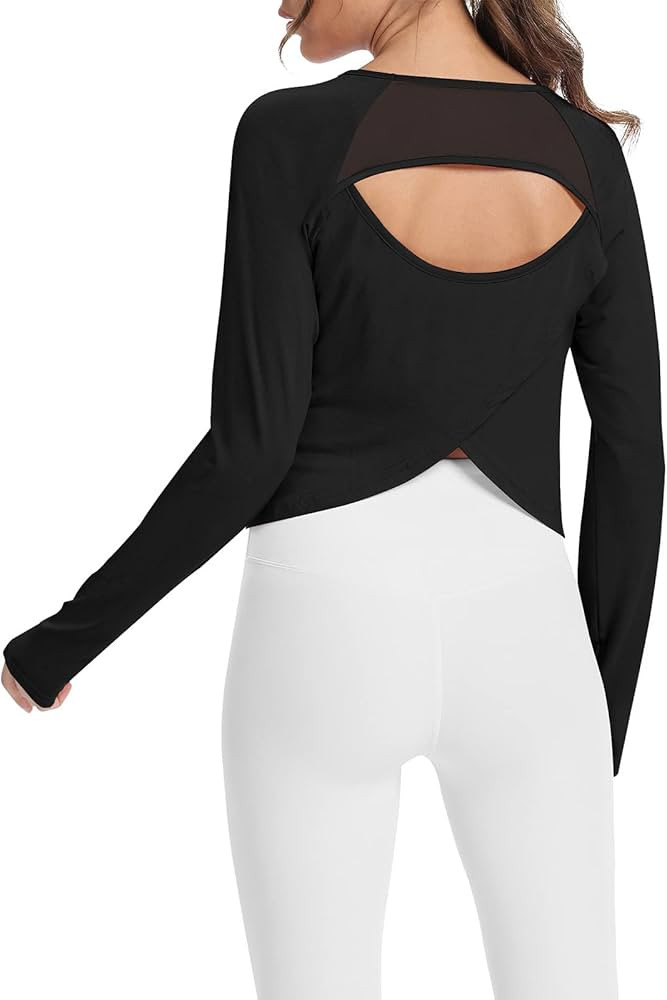 Mippo Cropped Long Sleeve Workout Tops Open Back Athletic Gym Yoga Shirts with Thumb Hole | Amazon (US)