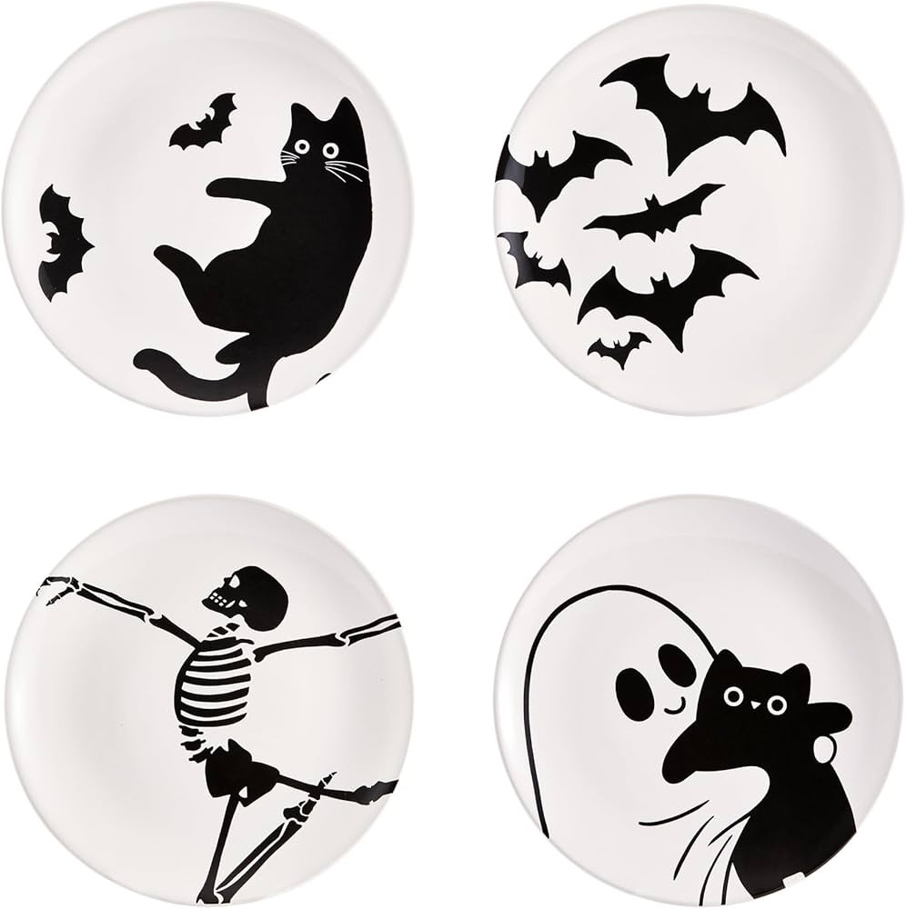 Bico White Halloween Cute Ceramic 8.75 inch Salad Plates, Set of 4, Microwave & Dishwasher Safe, ... | Amazon (US)