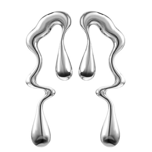 Statement Earrings for Women Irregular Geometric Studs Silver Tear Drop Earrings Jewelry Liquid Metal Rave Earrings for Women Jewelry Gifts | Amazon (US)